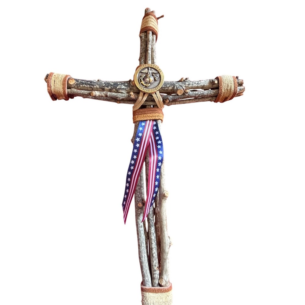 US Marine Corps Rustic Twig Wall Cross USMC Military Medallion Wood Folk Art